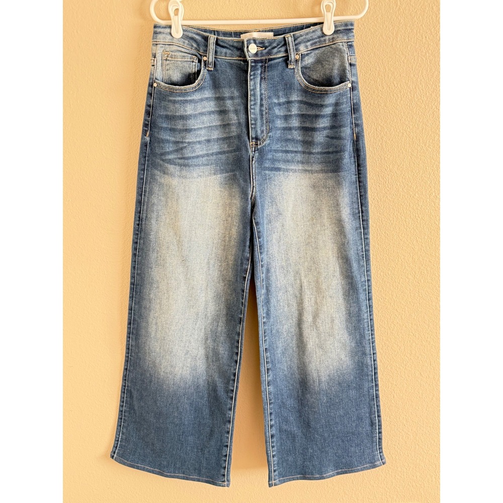 Risen Jeans‎ Womens High Rise Wide Leg Cropped Denim Jeans Medium Wash